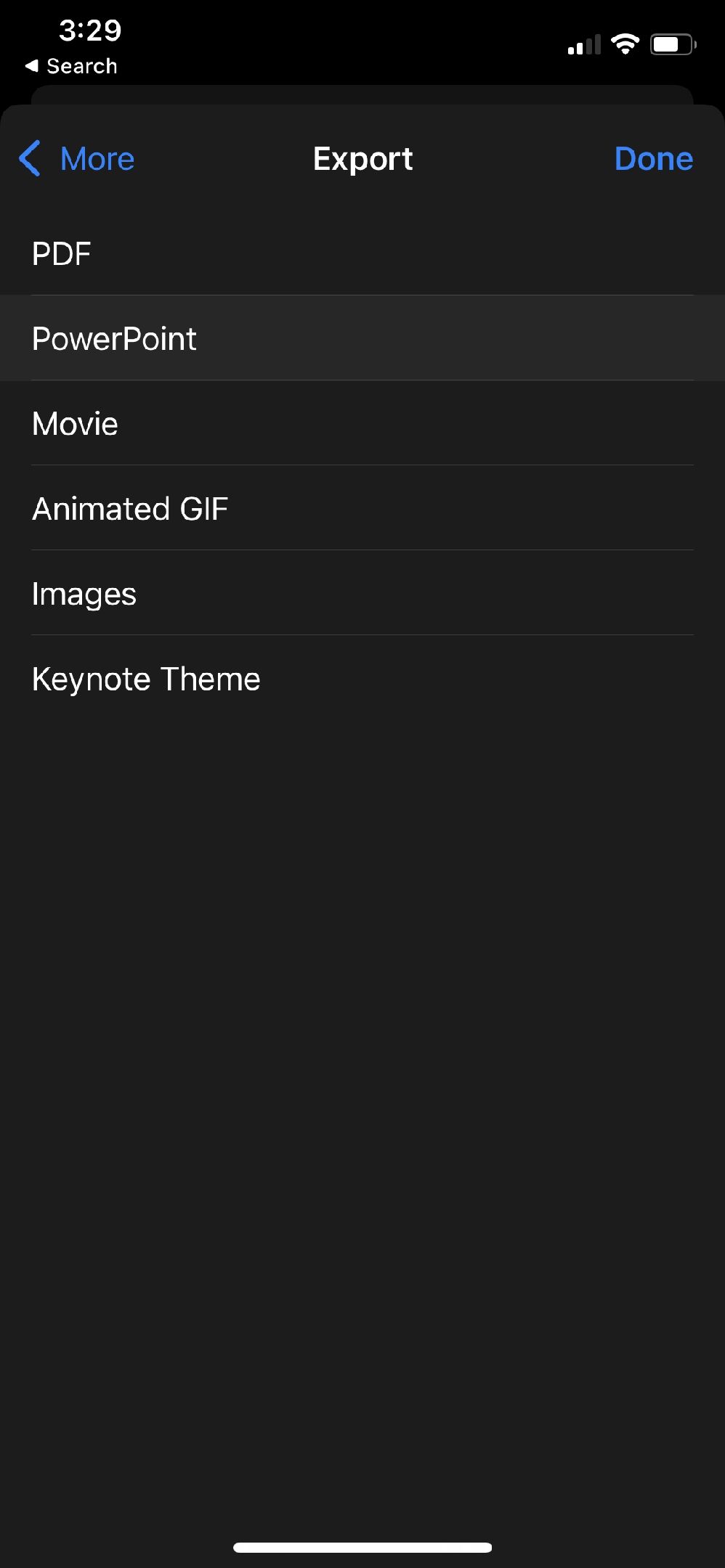 Выбор экспорта в PowerPoint в Keynote