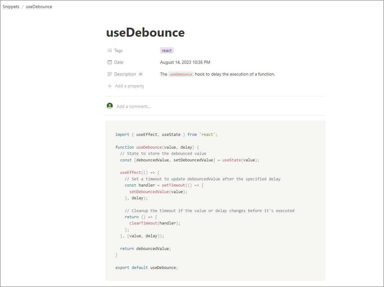 Страница Notion с примером сниппета debounce hook