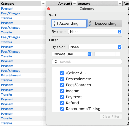 Сортировка и фильтрация транзакций