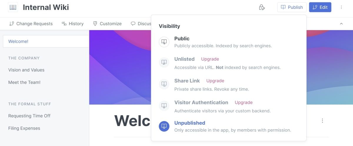 Меню настроек видимости сайта в GitBook