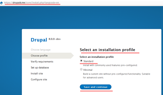 Выбор профиля установки Drupal