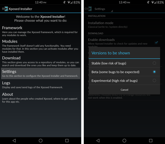 Xposed: включение бета-модулей