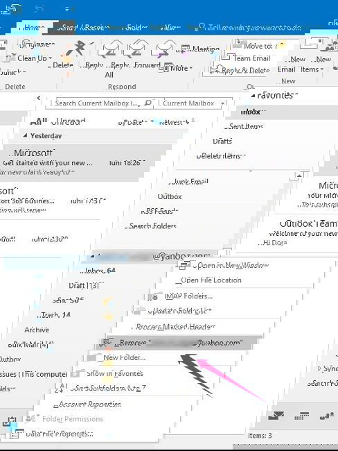 Удаление аккаунта Yahoo из Outlook