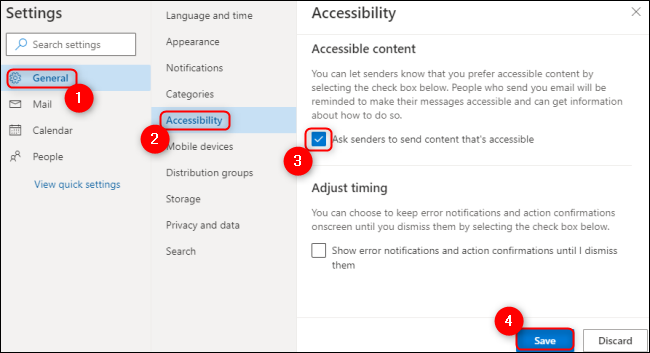 Опция запроса доступного контента в настройках Outlook Web