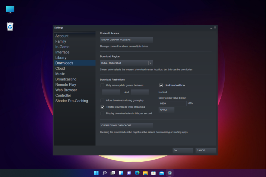 Окно Steam: ограничение скорости загрузки