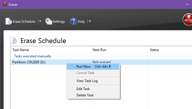 окно Eraser: запуск задачи стирания