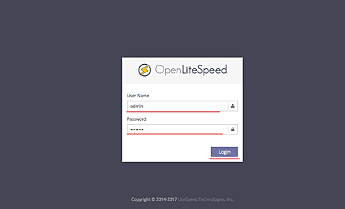 Страница входа в админку OpenLiteSpeed