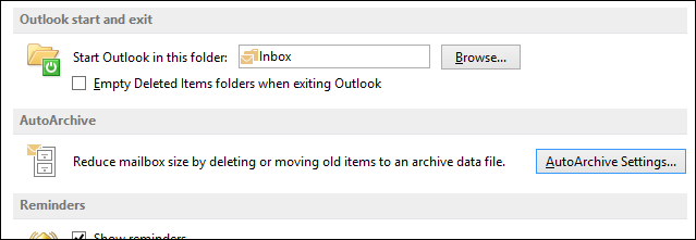 Окно Options Outlook со вкладкой Advanced где находятся настройки AutoArchive