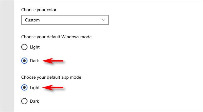 В настройках «Цвета» выберите «Тёмный» для Windows, затем «Светлый» для приложений.