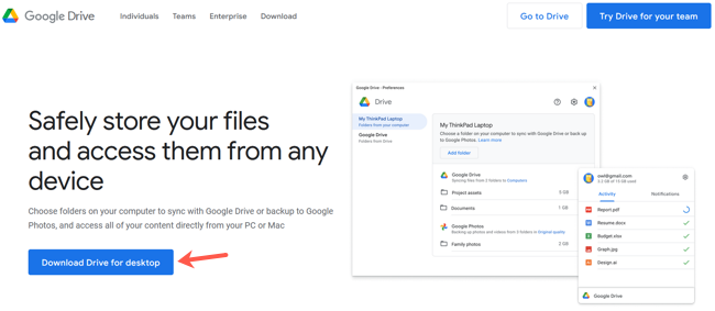 Страница загрузки Google Drive для компьютера