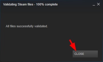 Процесс валидации файлов показан в Steam