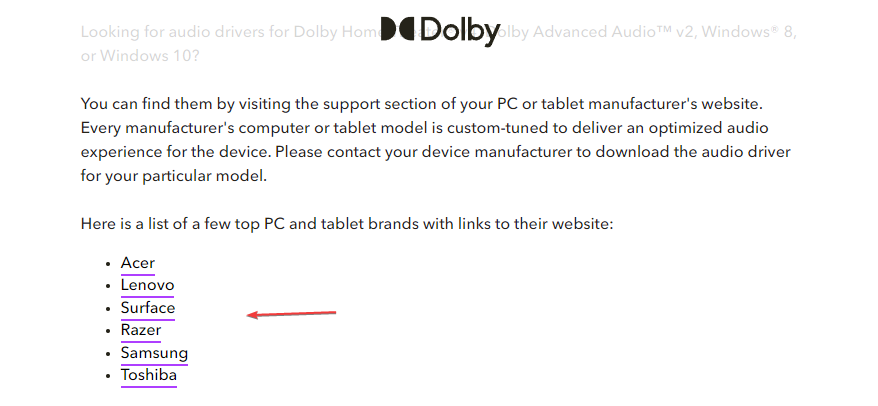 Сайт производителя с разделом драйверов Dolby