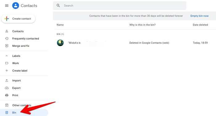 Корзина в Google Contacts на ПК