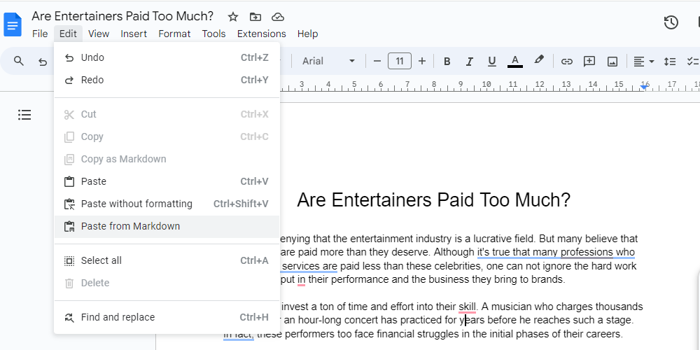 Контекстное меню Google Docs с пунктом Вставить из Markdown.