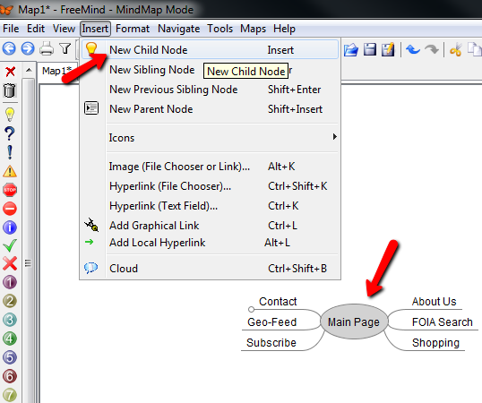 Главная карта сайта в FreeMind с навигационными узлами