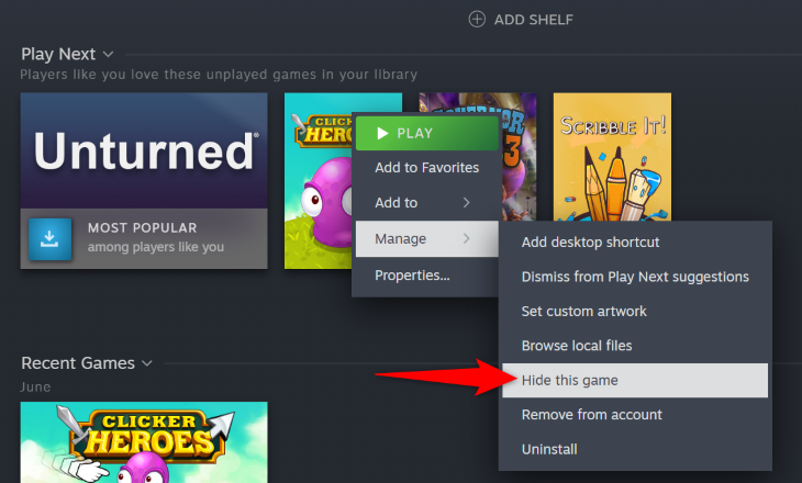 Выберите Управление > Скрыть эту игру