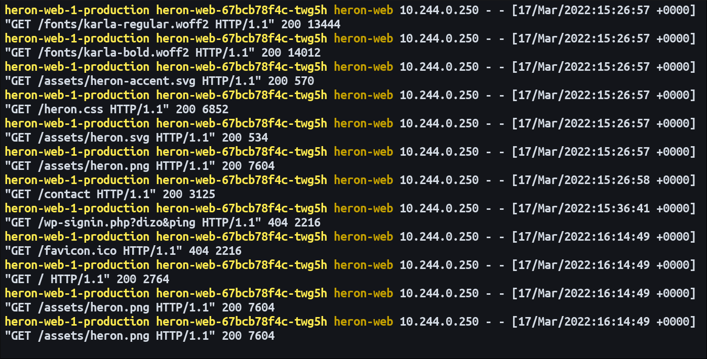 Скриншот инструмента просмотра логов Stern в Kubernetes