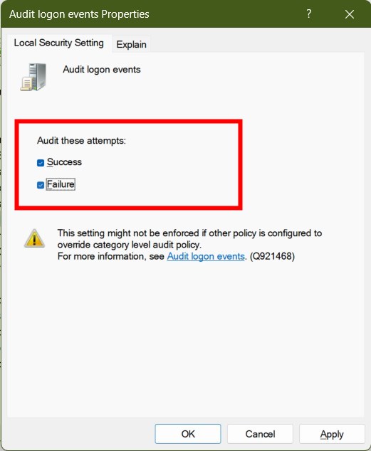 Настройки Audit logon events — Success и Failure