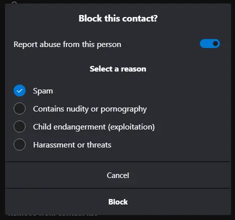 Опция «Пожаловаться как спам» в интерфейсе Skype