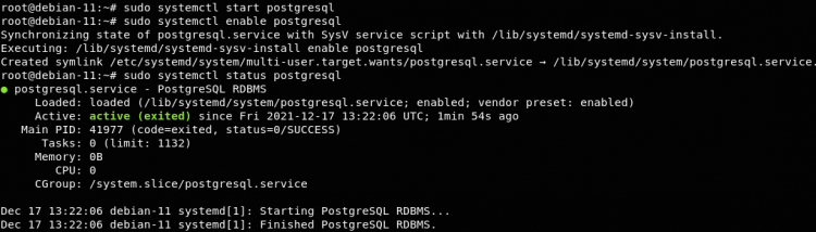 Установка PostgreSQL и проверка статуса службы