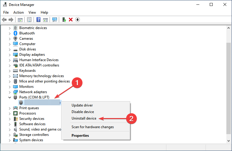 Контекстное меню — пункт Удалить устройство для Prolific USB-to-Serial