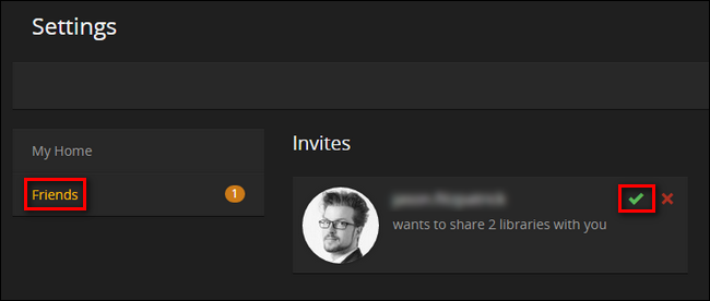 Принятие приглашения в панели Plex