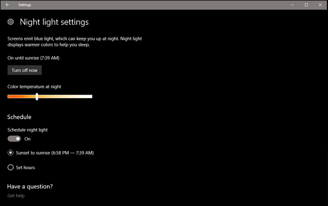 Окно настроек Night Light в Windows с ползунком