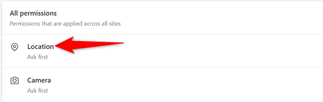 Пункт «Местоположение» в списке разрешений