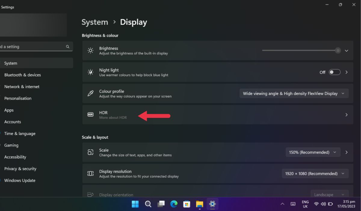 Раздел HDR в параметрах экрана