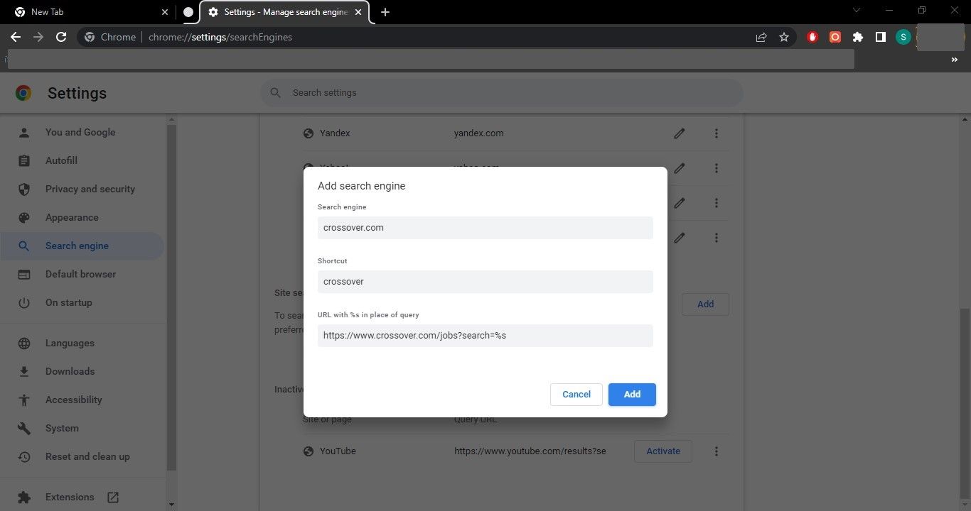 Добавление сайта в поиск по сайту путем заполнения полей в настройках Chrome