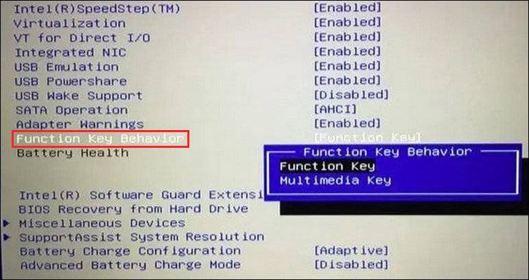 Параметр Function Key Behavior в меню BIOS с вариантами выбора поведения клавиш.