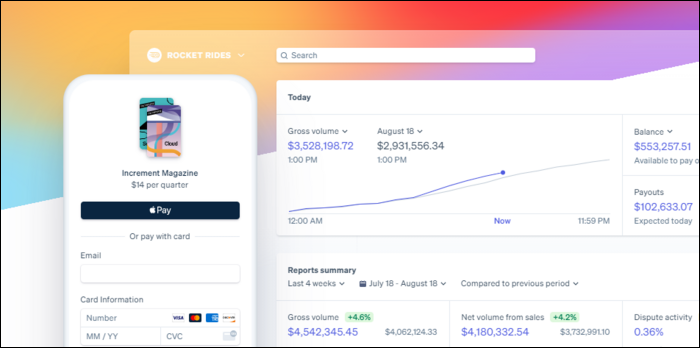 Логотип Stripe и пример кастомной формы оплаты на сайте