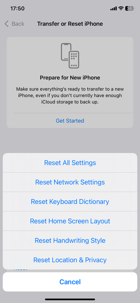 Опции сброса на iPhone