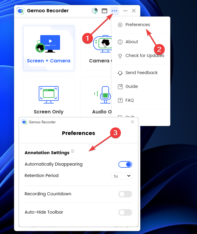 Панель Preferences в Gemoo: настройки аннотаций и тулбара