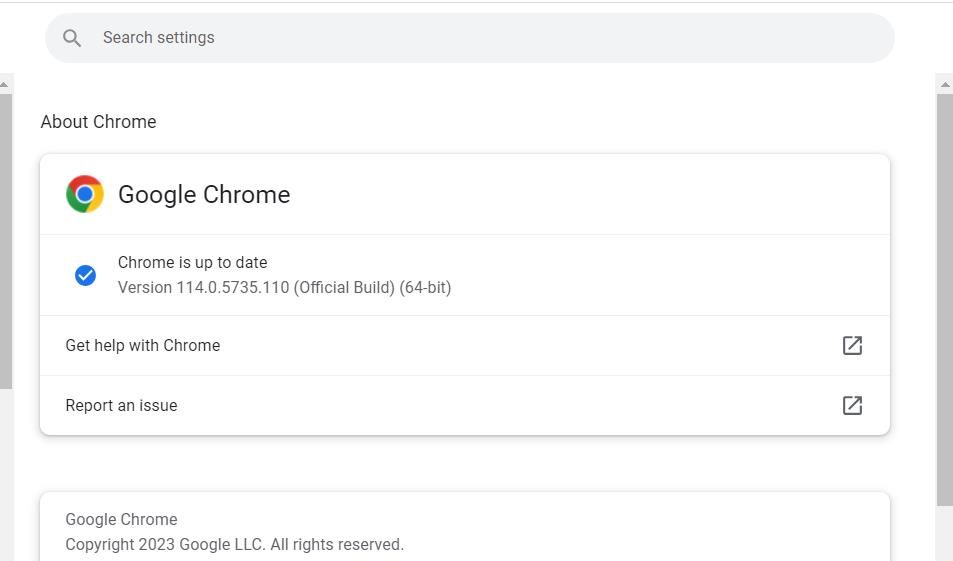 Вкладка О браузере Chrome