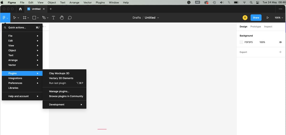 Экран Figma со списком плагинов и меню File, показывающим опции Plugins.