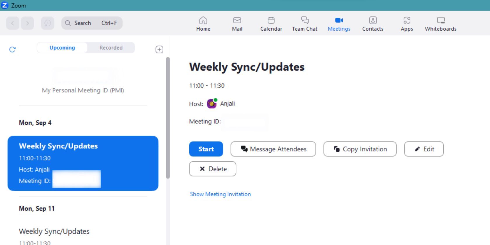 Screenshot of Zoom's Meetings tab that shows upcoming meetings