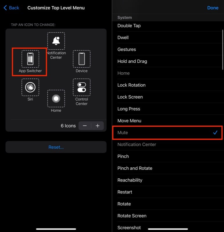 настройка действия Mute в AssistiveTouch