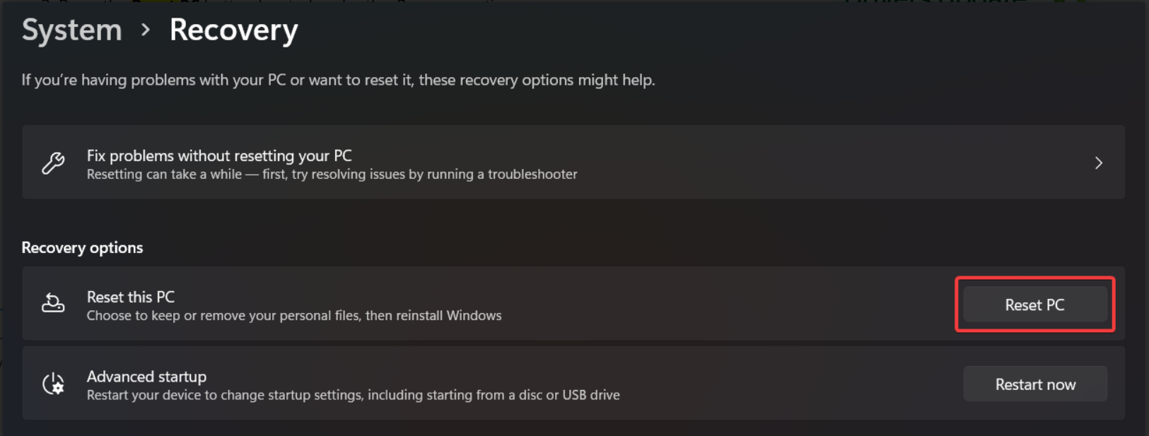 Кнопка 'Сбросить этот ПК' в Параметрах восстановления