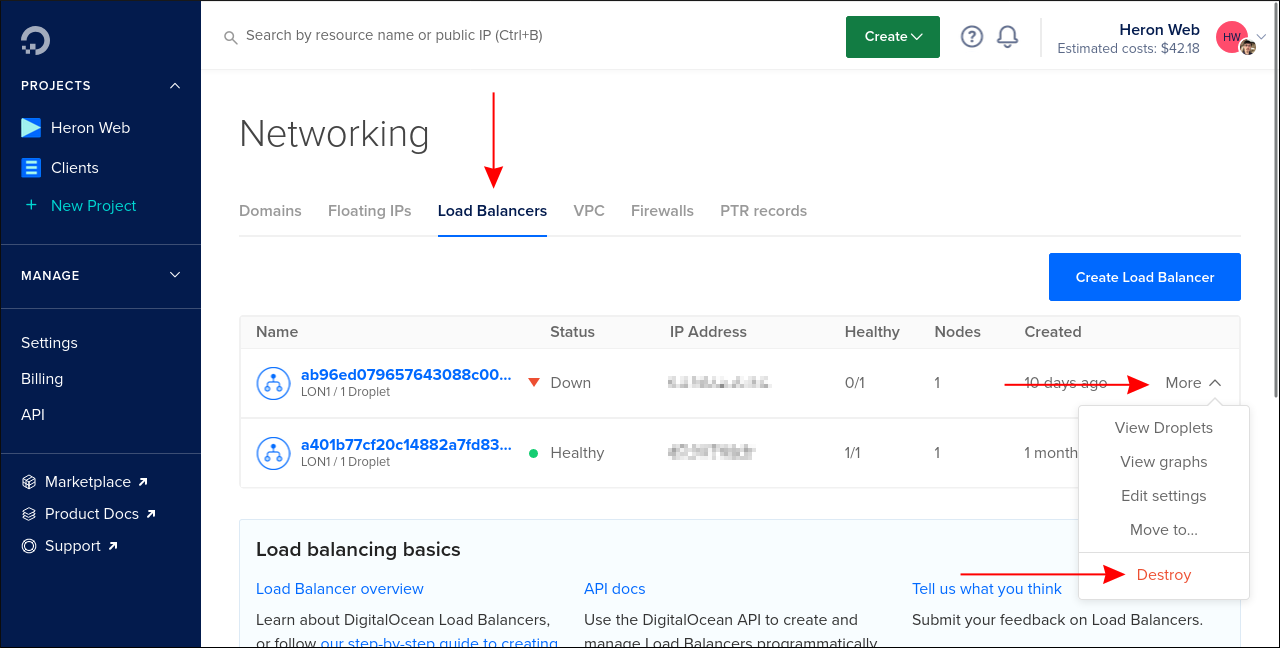 Скриншот удаления load balancer в DigitalOcean