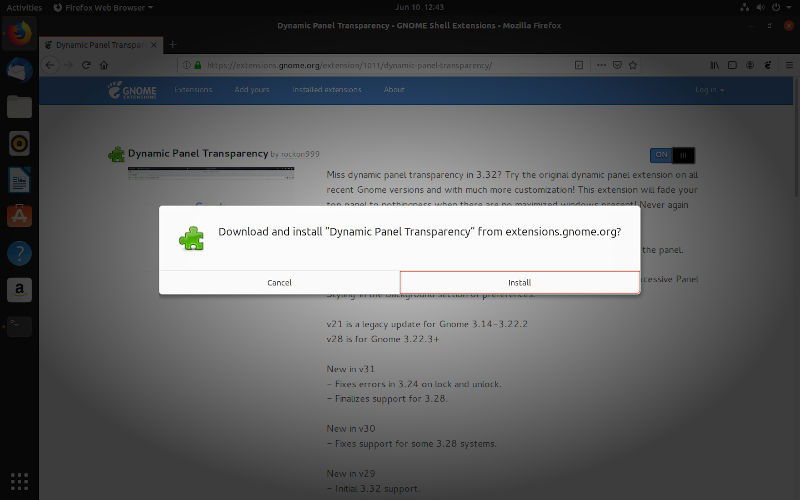 Включение динамической прозрачности на странице расширения GNOME