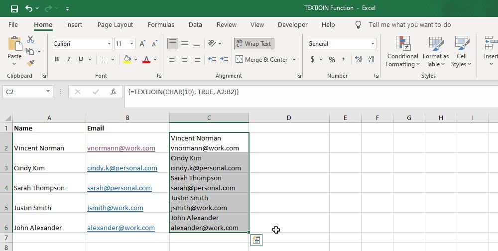 Объединение имени и email с переносами строк в Excel