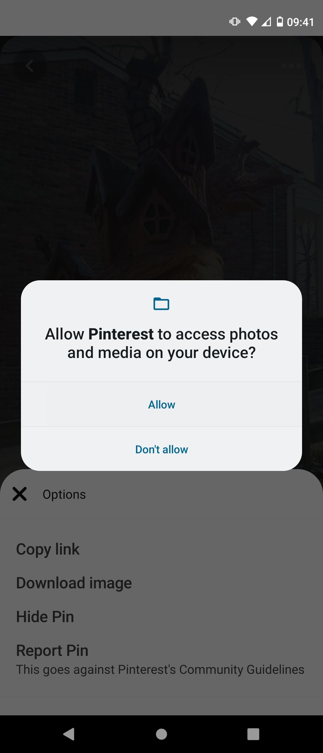 Запрос Pinterest на доступ к фото и медиа на устройстве Android