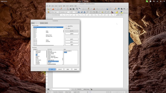 Окно 'Настройка клавиатуры' в LibreOffice с выбором категории 'Правка'