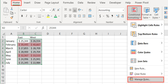 Управление правилами в списке условного форматирования