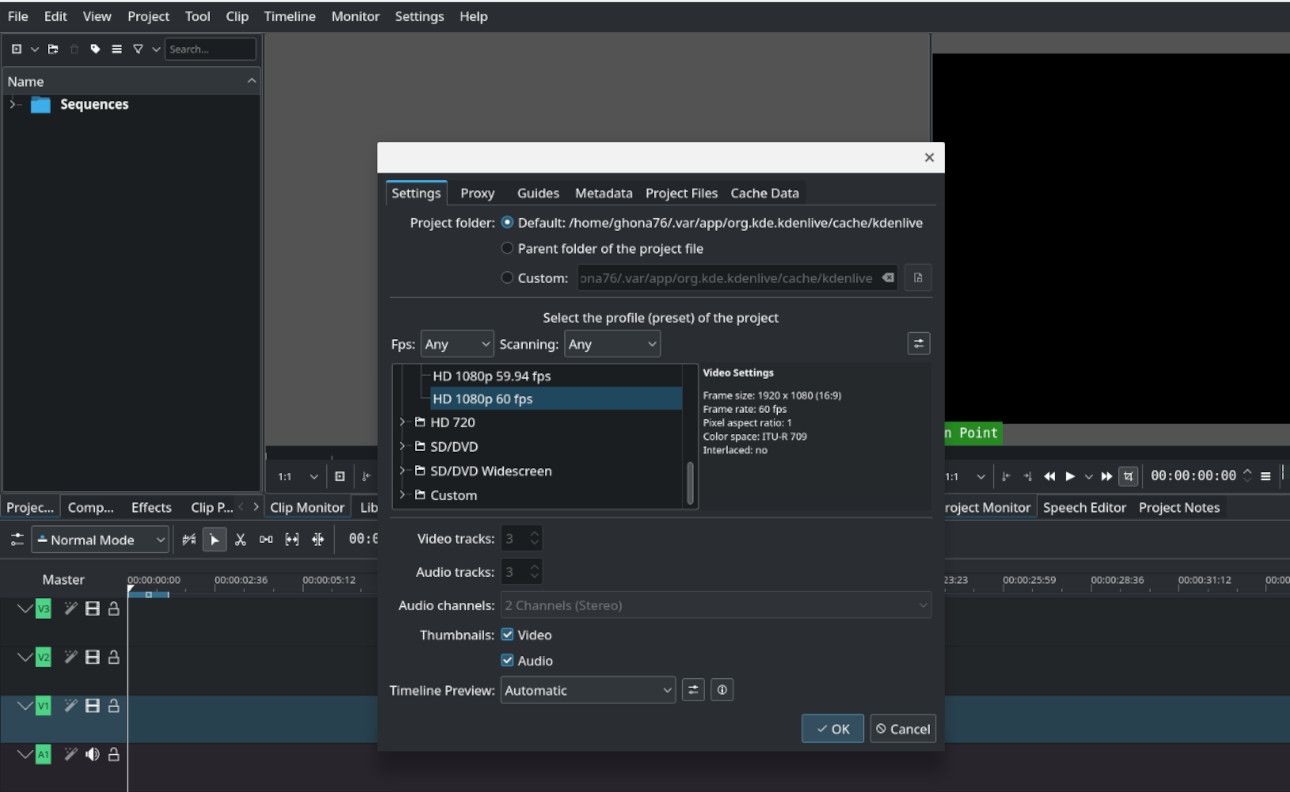 Окно стандартных настроек проекта Kdenlive