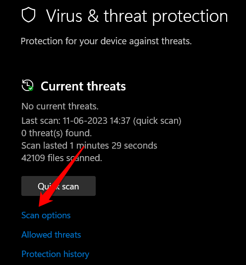 Вкладка Защита от вирусов и угроз в Безопасности Windows