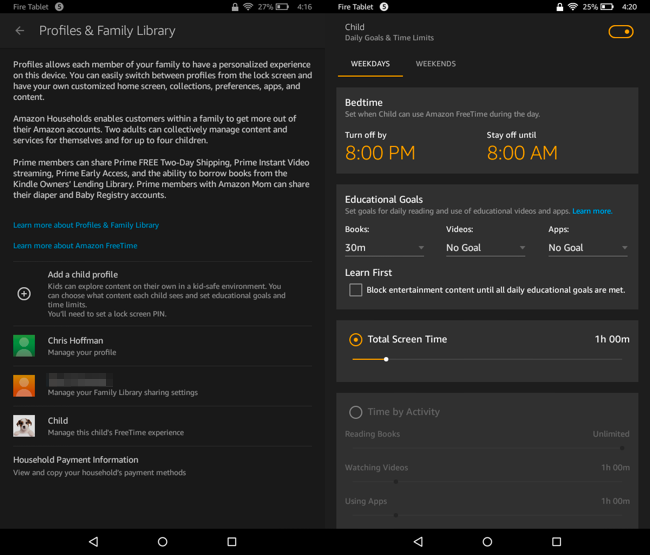 Экран создания детского профиля в Kindle FreeTime