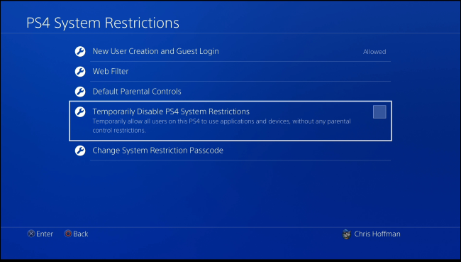 Опция временного отключения системных ограничений PS4