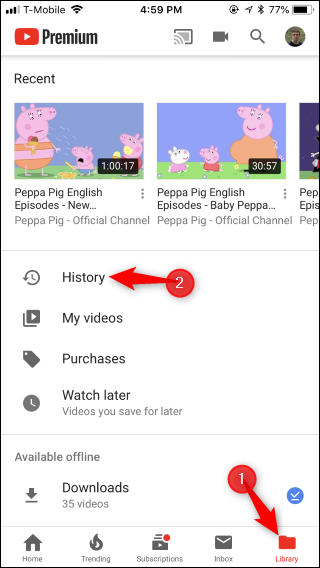 Скриншот: вкладка «Библиотека» в приложении YouTube
